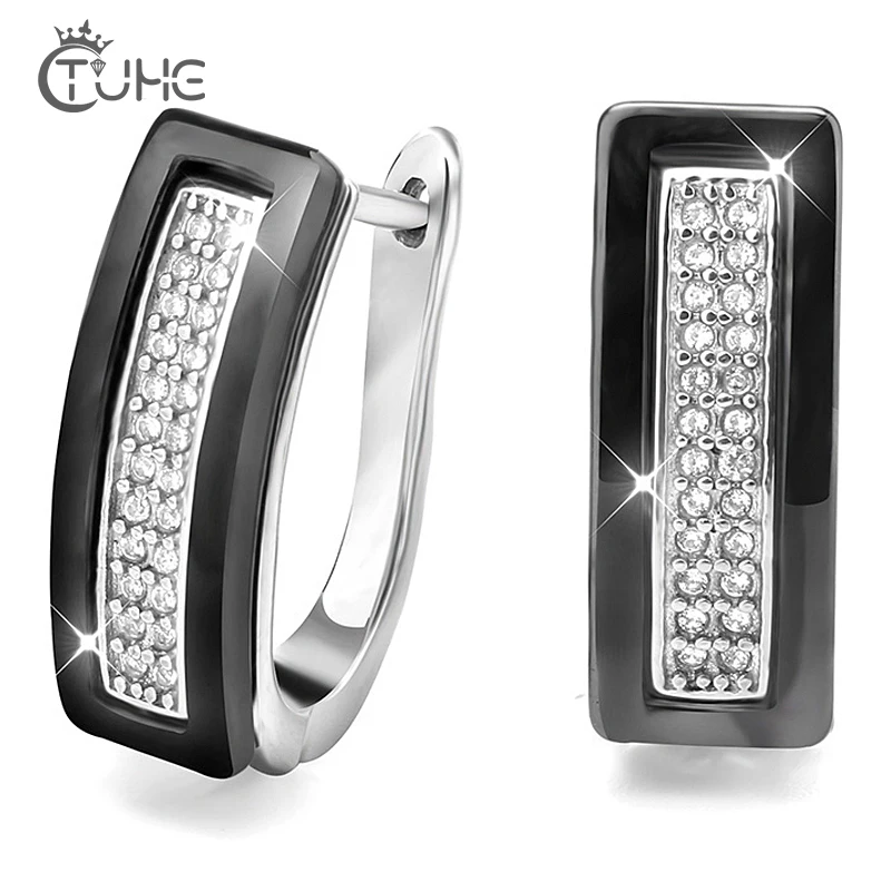 

2017 New Arrival Black White Ceramic Earrings Stainless Steel U Shape Stud Earrings For Women White Zircon Earrings Wedding Gift