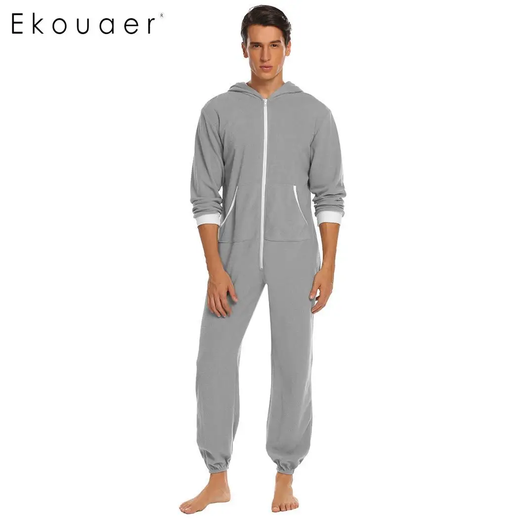 Ekouaer мужской пижамный комплект onesies Пижама флис с капюшоном с длинным рукавом на молнии пэчворк размера плюс цельные пижамы S-XXL - Цвет: Gray