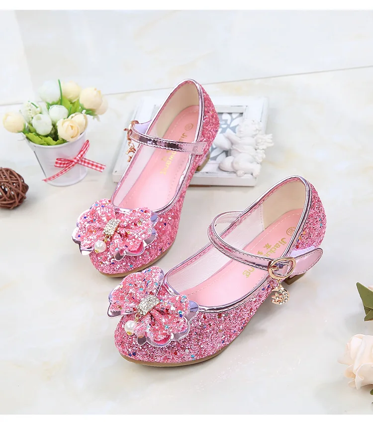 ULKNN Princess Kids Leather Shoes For Girls Flower Casual Glitter Children High Heel Girls Shoes Butterfly Knot Blue Pink Silver