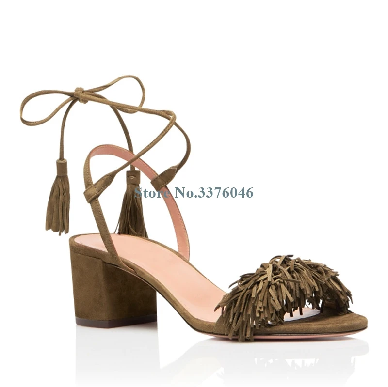 

New Arrival Brown White Ankle Strap High Heel Sandals Faux Suede Tassels Lace Up Chunky Heel Sandals Women Summer Casual Shoes