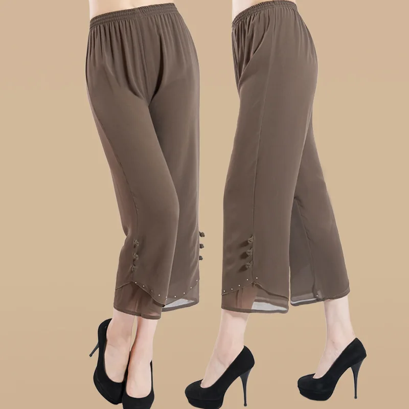 

TUHAO Summer Autumn Chiffon Pants Middle Age Women Elastic Waist Wide Leg Pants Trousers Chinese Buttons Plus Size 4XL 3XL LJ76