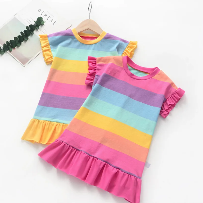 

Cute Girls Summer Dress Fashion Rainbow Striped Kids Toddler Cotton Dresses Children Clothes Baby Girls Tennis Dress Gifts