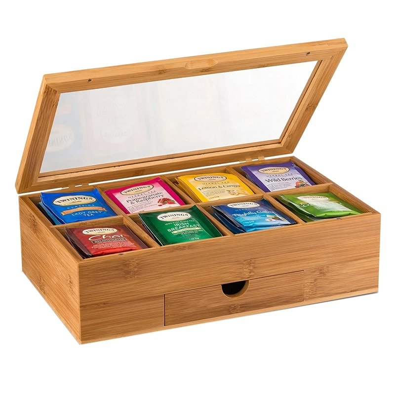 Tea Organizer Bamboo Tea Box with Small Drawer Natural Bamboo Tea Chest- Great Gift Idea