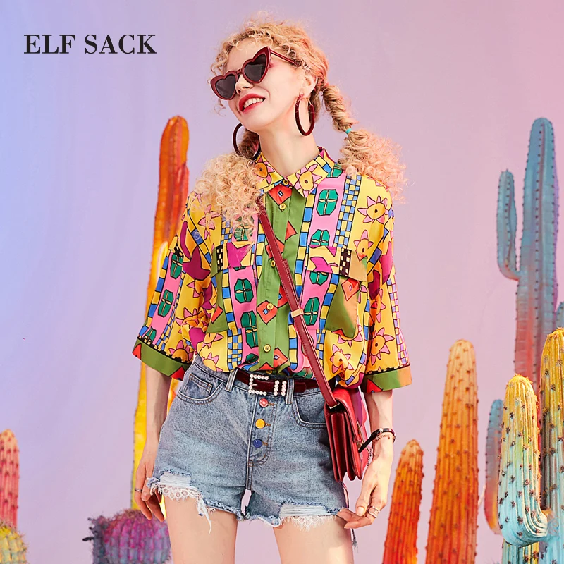 

ELF SACK New Elegant Woman Shirts Casual Loose Print Square Collar Three Quarter Women Blouse Streetwear Chiffon Ladies Shirts
