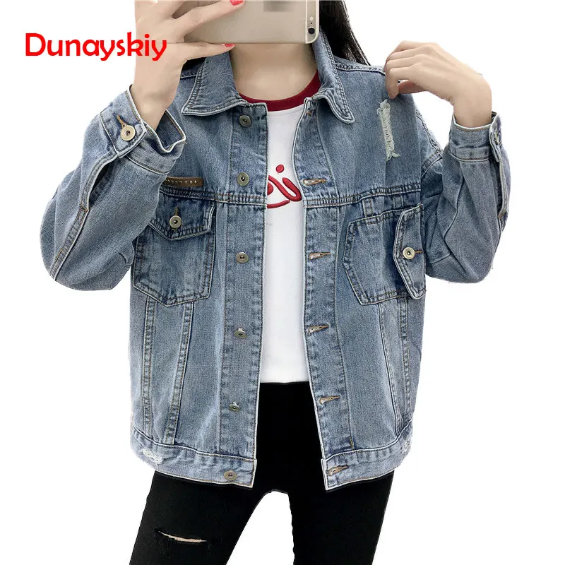 

Denim Jacket Korean Female Jacket Classic Light Blue Denim Coat Ripped Hole Tops Long Sleeve Jean Outwear Denim Jackets Women