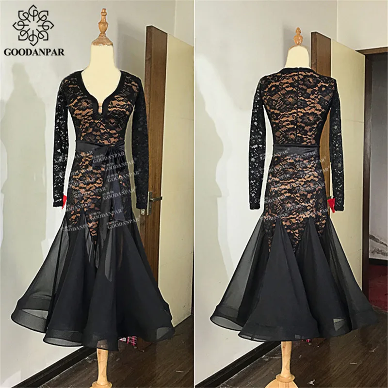 

GOODANPAR Sexy Lace Lycra Ballroom Dance Practice Dress Women With Bodysuit Bra Cups Waltz Costume Standard Dance Wear