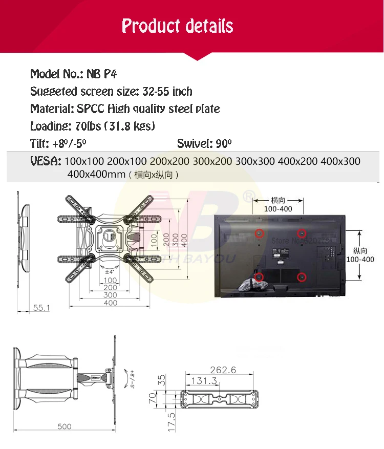 NB P4 рекомендуется для размера 3"-55" плоская панель светодиодный ЖК-телевизор настенное крепление полное движение 3 поворотные руки монитор держатель рамка