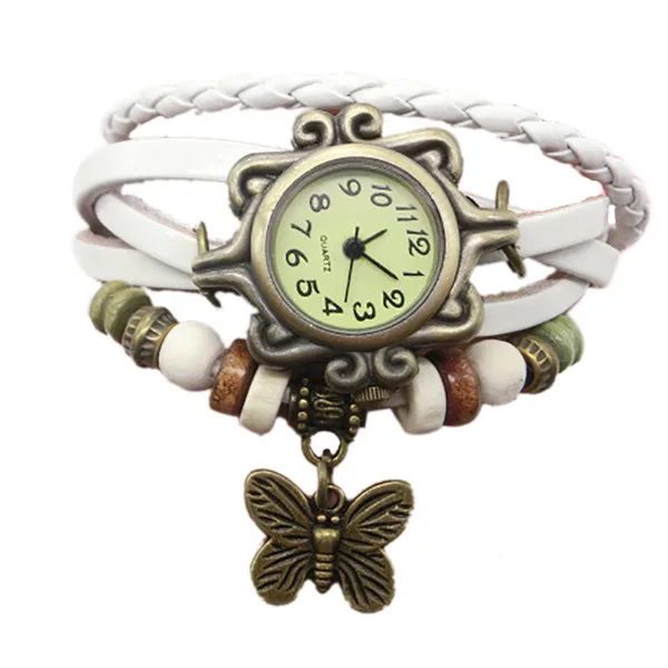 Коричневый ретро переплетение с узором Дамская бусина бабочка болтающийся браслет кварцевые наручные часы bayan kol saati apple band часы женские - Цвет: Белый