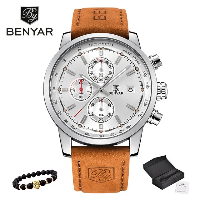 BENYAR мужские часы лучший бренд класса люкс военные кварцевые часы хронограф водонепроницаемые наручные часы Мужские часы Relogio Masculino - Цвет: Silver White