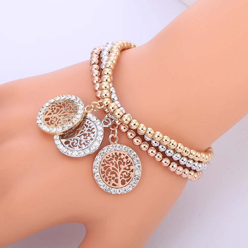 

3Pcs Crystal Owl Animal Tree of Life Pendant Elastic Bracelets For Women Mix Colors Beads Bell Charms Bracelet Jewelry Gifts