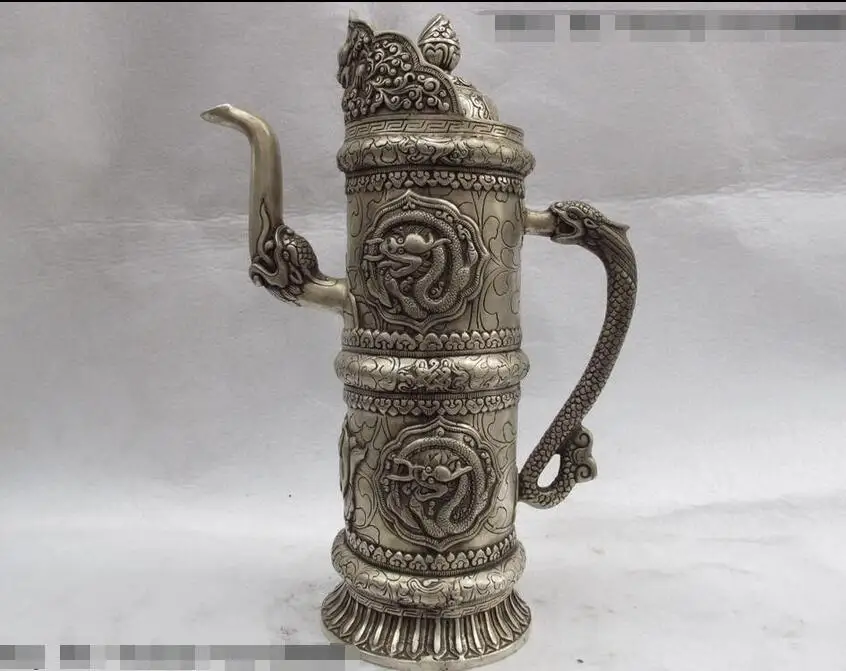 Tibet White Copper Bronze Silver Eight treasures Dragon Lion Flagon wine pot | Дом и сад