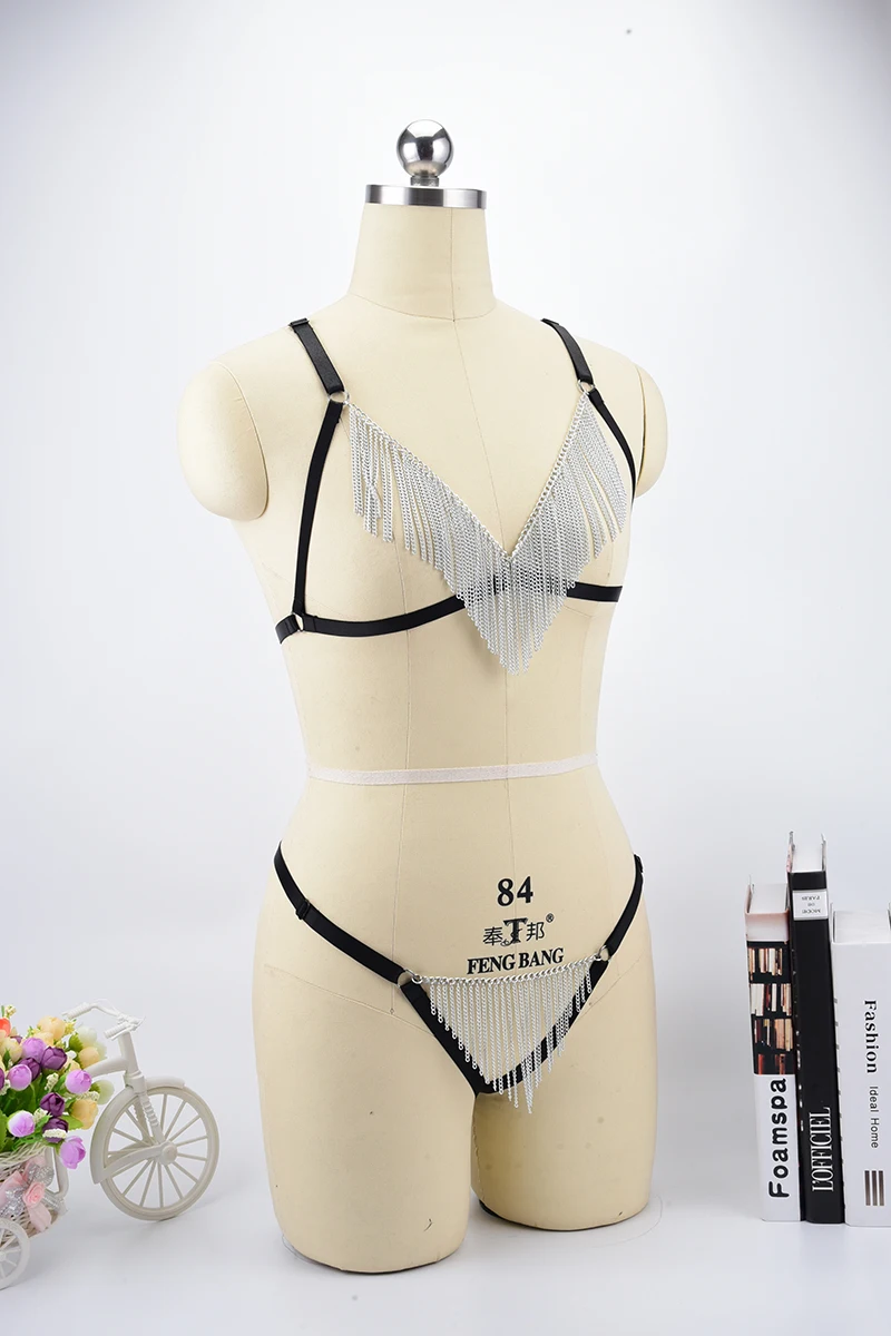 Хит продаж сексуальное бикини личности кисточкой тела отделка Сеть привлекательность галстук эластичный комплект с бюстгальтером