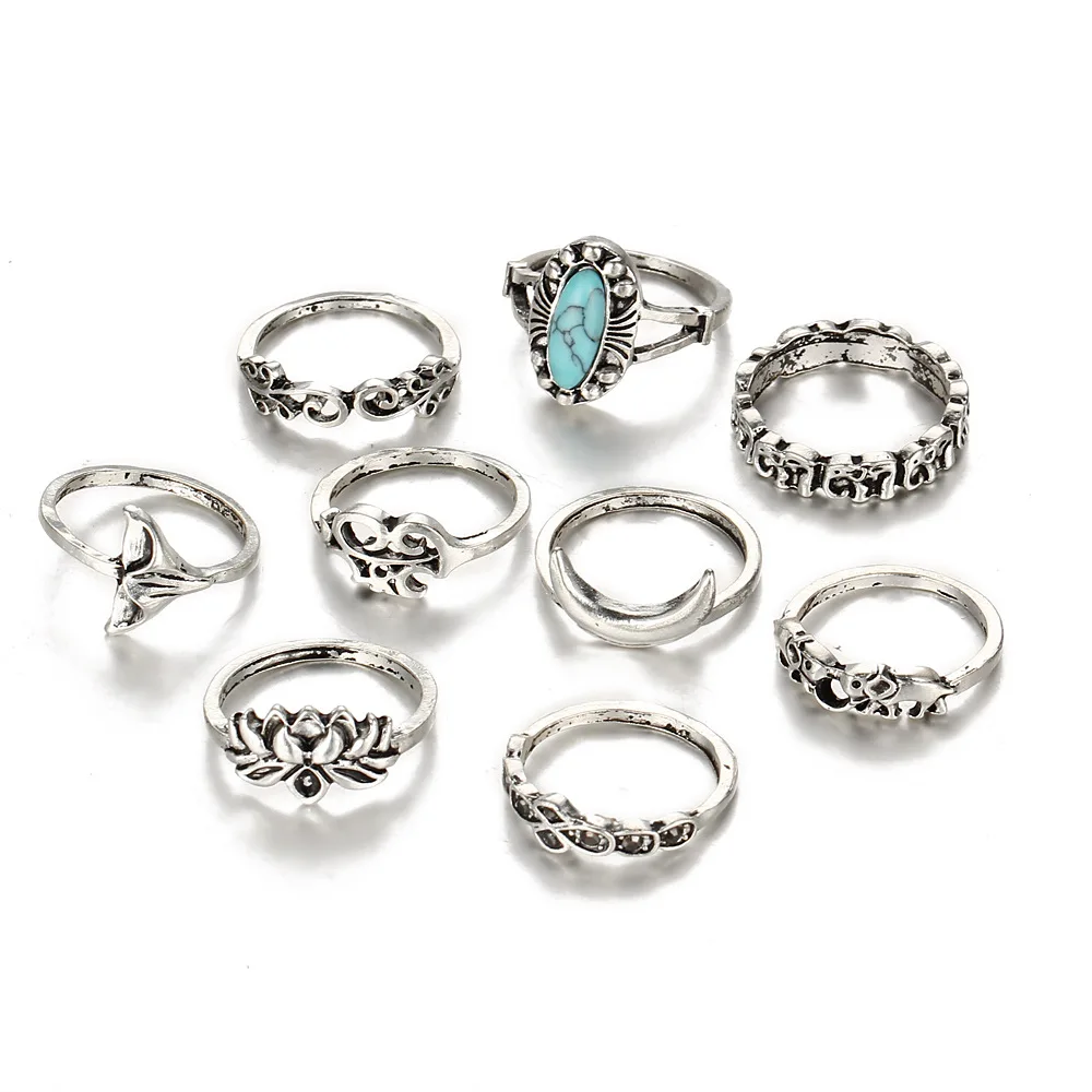 9 шт./компл. женское кольцо с полыми цветами в античном стиле|finger jewelry|midi ringknuckle ring |