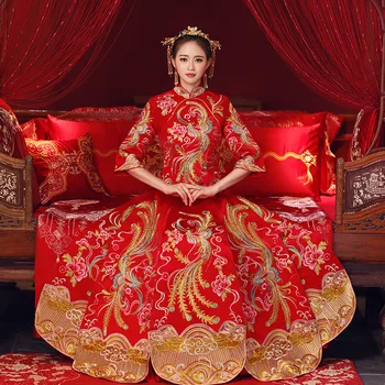 

Noble Women Classic Flower&Phoenix Cheongsam Exquisite Suzhou Embroidery Qipao Traditional Royal Wedding Pleated Dress Gowns