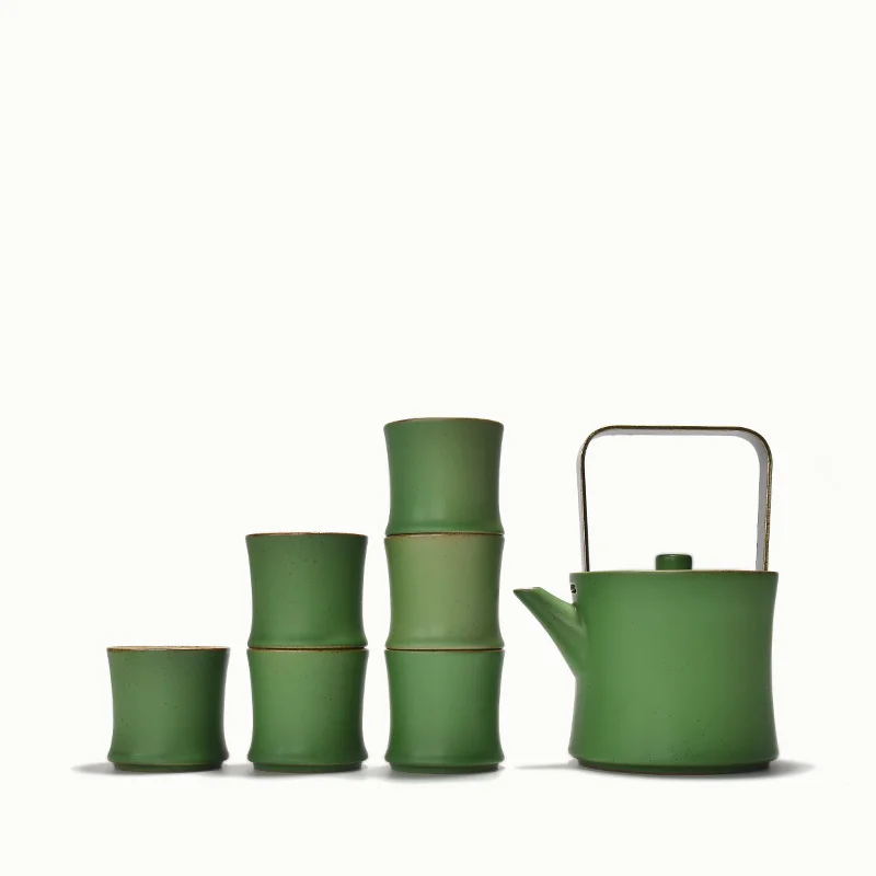 

PINNY Bamboo Shape Tea Set Green Glaze Ceramic Kung Fu Tea Set 1 Pot 6 Cups Stainless Steel Filter Teapot Ceramic Kettle