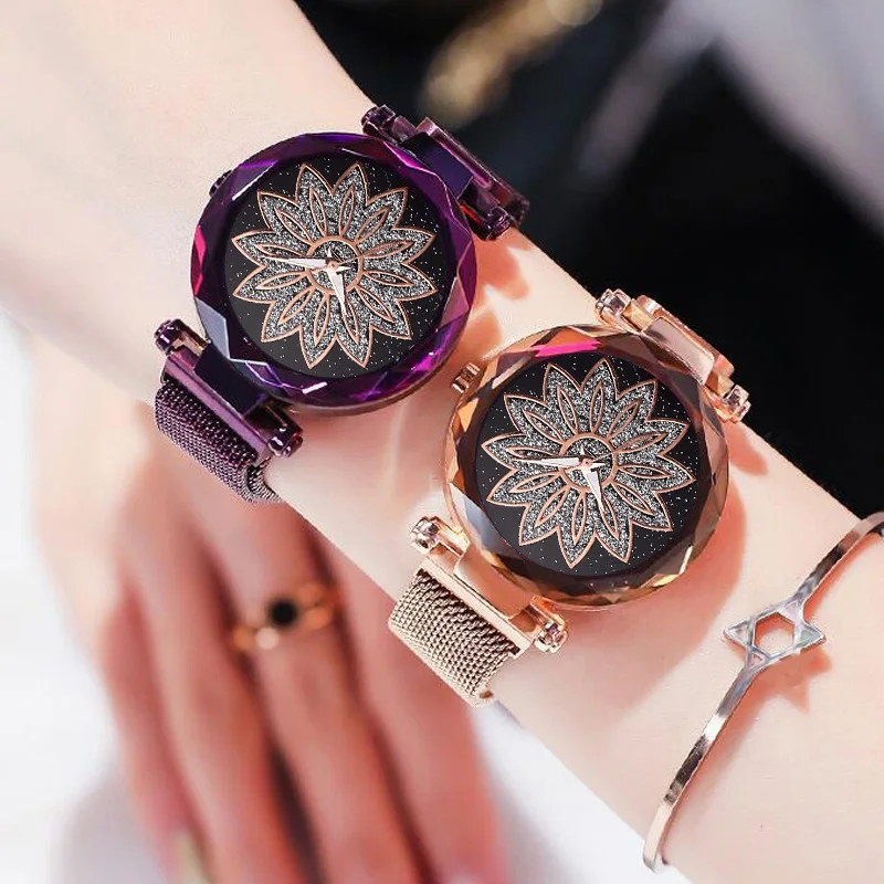Роскошные розовые Золотые женские сетчатые часы с магнитной пряжкой, модные элегантные женские наручные часы с цветами, женские магнитные часы