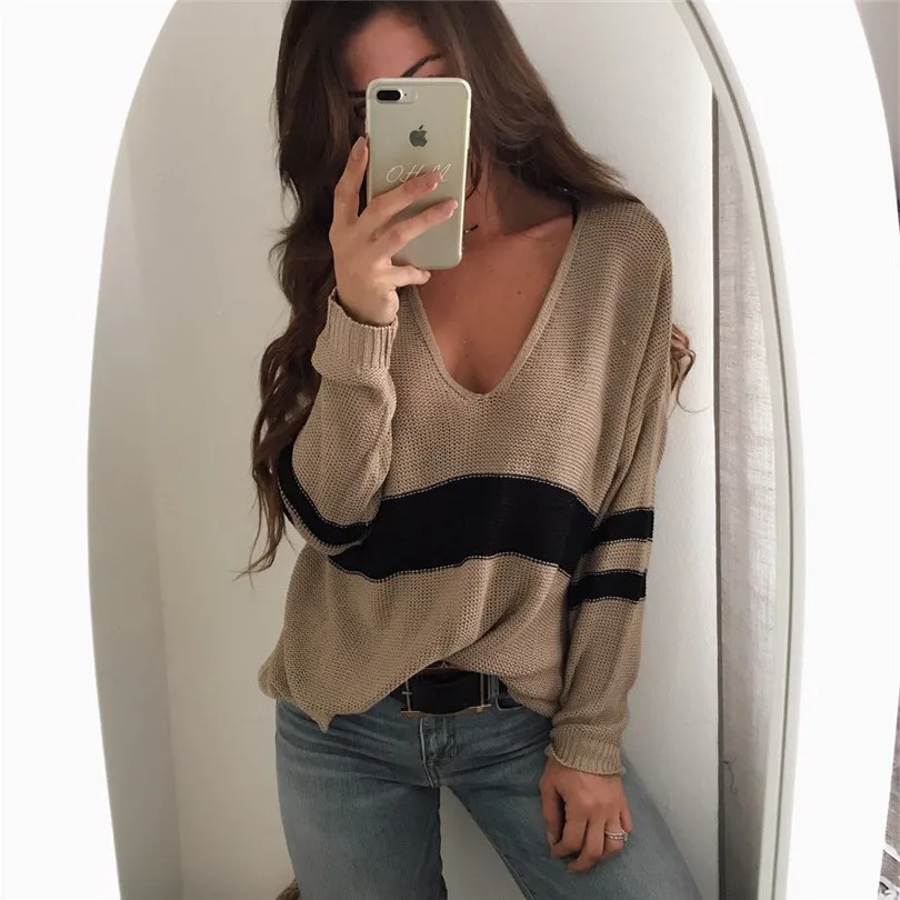 

2018 Rushed Limited Acrylic Computer Knitted Full Regular Pullovers Pullover Female Spring Sweater Casual Hit Color V-neck Lazy
