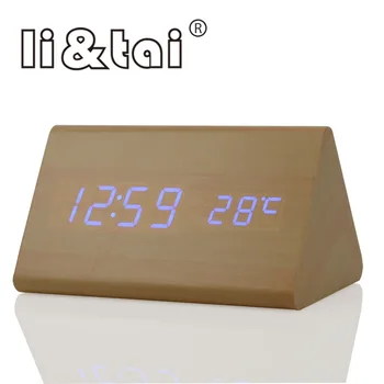 

Li&Tai Bamboo Wooden LED Alarm Clock Temperature Sounds Control Calendar LED Display Electronic Digital Alarm Clock Table Clock
