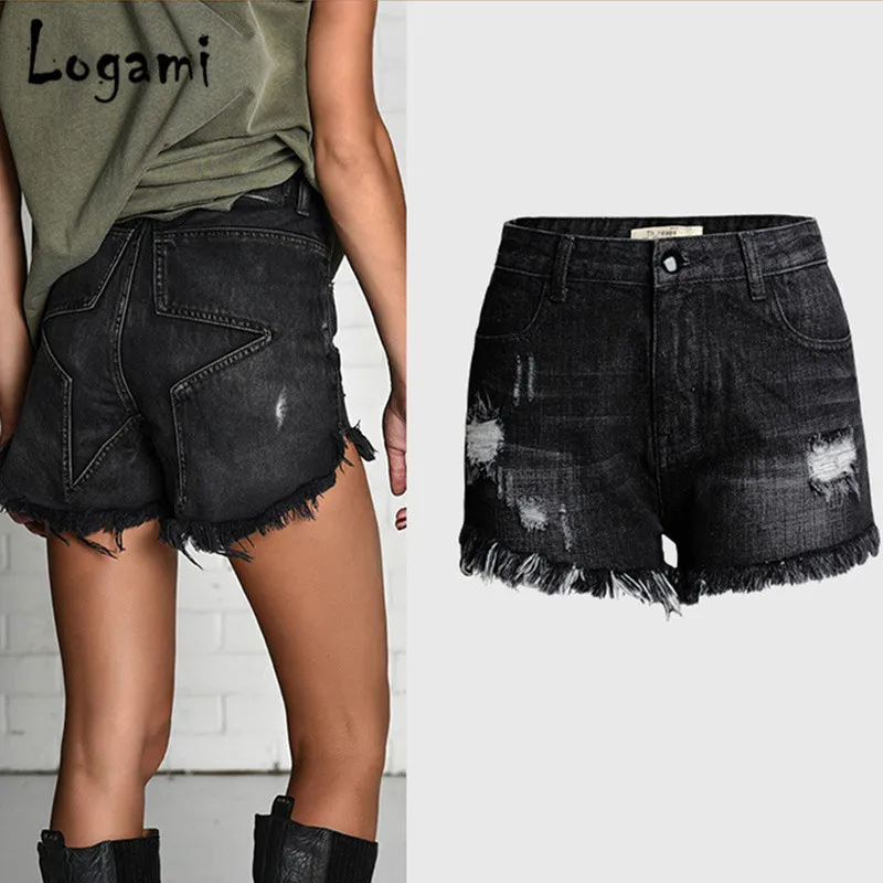 

LOGAMI High Waist Star Ripped Jeans Shorts Women Summer Shors Woman Denim Short Black