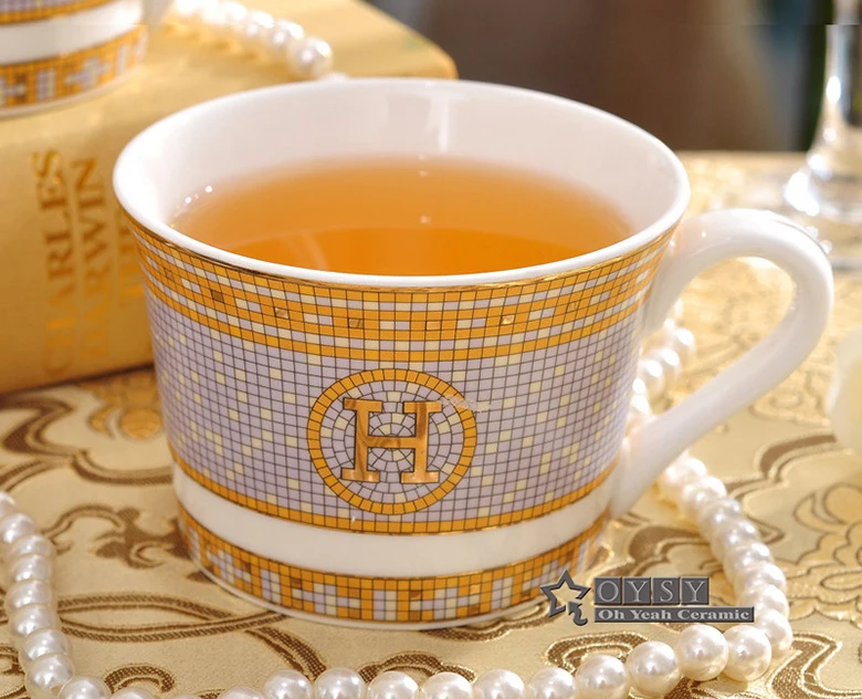 Фарфоровая кофейная чашка с блюдцем костяной фарфор кофейный набор "h" Mark мозаика дизайн контур в золотом чайная чашка и блюдце набор