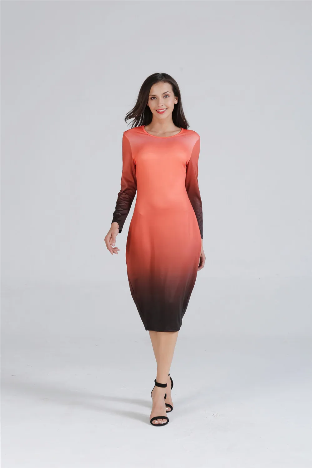 Women Basic Dress 2018 Gradient Ramp O Neck Long Sleeve Slim Dresses Bodycon Midi Office Working Dress Elegant All Match (40)
