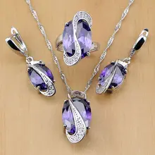 Круглый 925 пробы серебряные ювелирные изделия фиолетовый циркон белые камни по месяцу рождения Ювелирные наборы для женщин серьги/кулон/ожерелье/кольцо