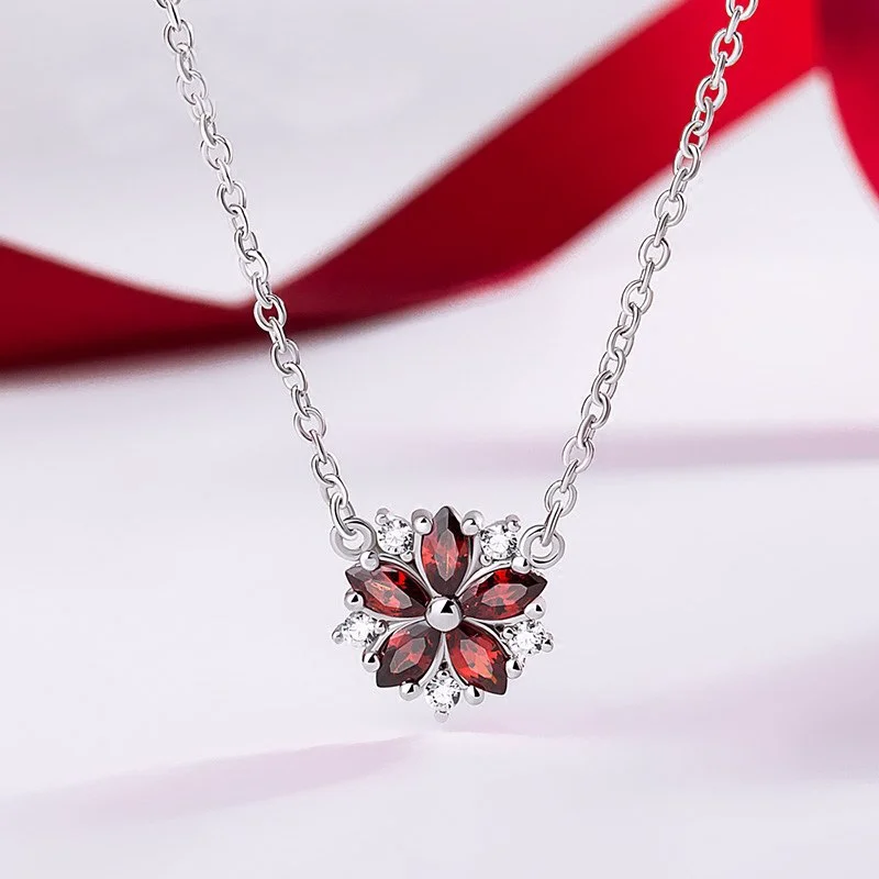 

Silver Jewelry Deep Red Cherry Blossoms Necklace AAA CZ Stone For WOmen Chain Necklce Choker Holiday Gift Wedding