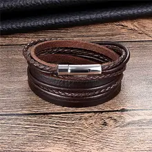 Мужские браслеты высокого качества из воловьей кожи Веревка Цепь браслет из нержавеющей стали плетеный кожаный браслет ювелирные изделия подарок оптом Pulseira