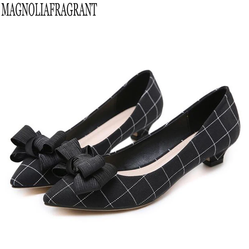 

New Womens lattice Shoes Spring Autumn Cute Bow Slip on Ladies Shoes White collar work shoes Ballet Women zapatos mujer tacon b1