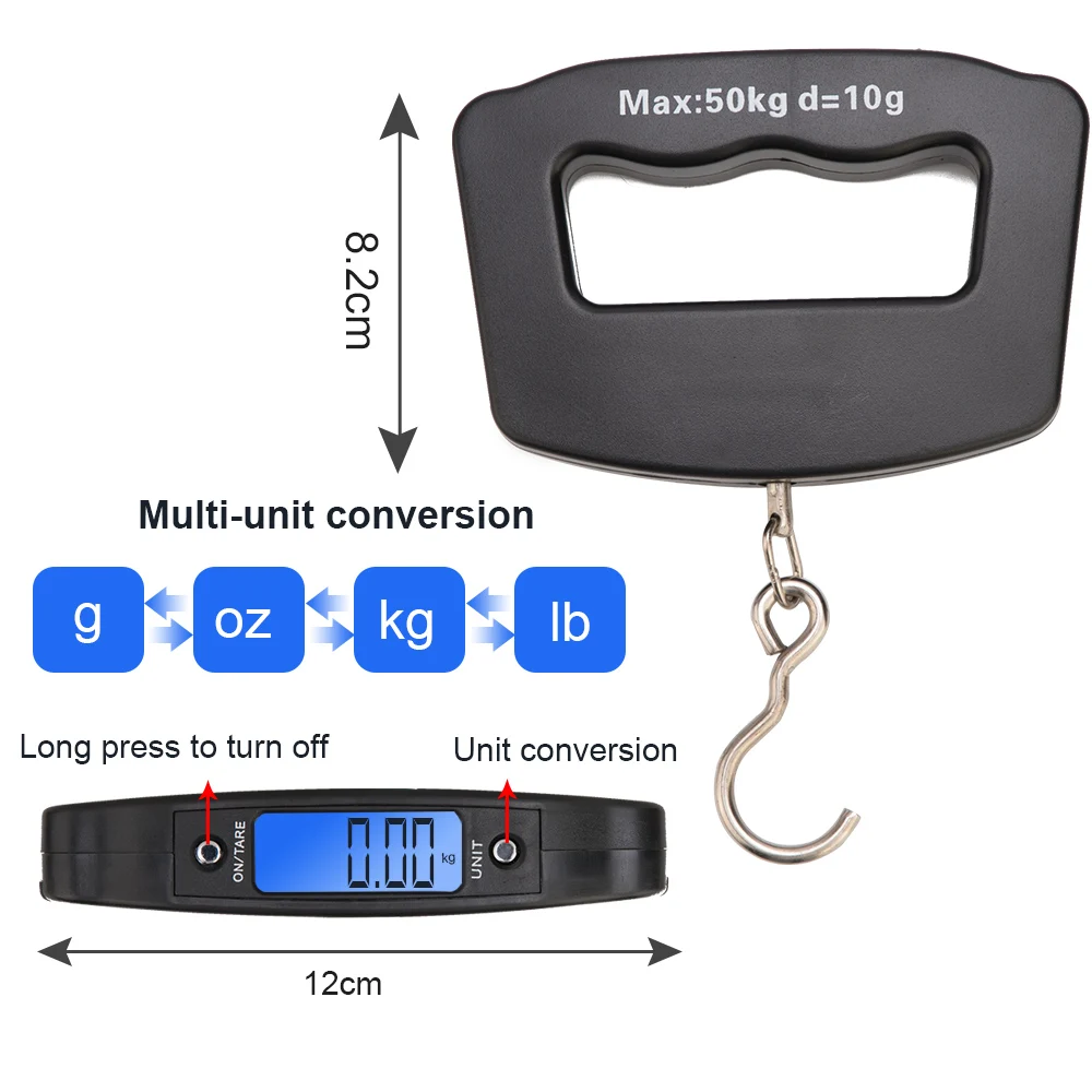 Портативный мини цифровой ручной 50 кг 10 г крючок для рыбы, весы, электронное взвешивание, весы для багажа, светодиодный дисплей, весы