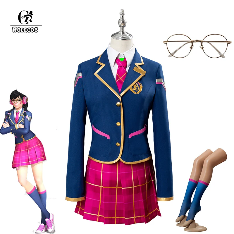 

ROLECOS Game OW D.VA Cosplay Costume Academy DVA Cosplay Costumes Hana Song Girl School Uniform Women Outfit Shirt Jacket Skirt