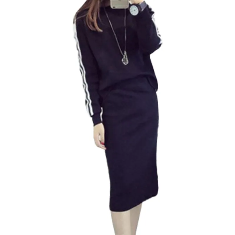 

2016 fall winter pullover new sweater women sets striped two-piece suit fashion knit sweaters package hip skirt vestidos MMY267