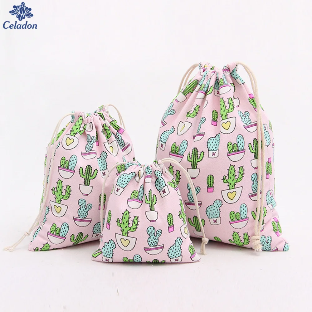 

3Pcs/Set Pink & Dark Blue Canvas Candy Gift Bags for Children Cactus Beam Port Drawstring Bags Small Jewelry Gift Storage Bags
