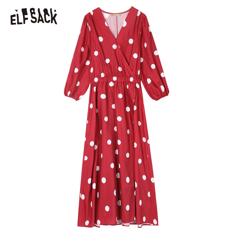 Женские винтажные платья в горошек ELF SACK, элегантное вечернее платье с V-jобразным воротником, праздничное трапециевидное платье с коротким рукавом, для ношения летом - Цвет: Красный