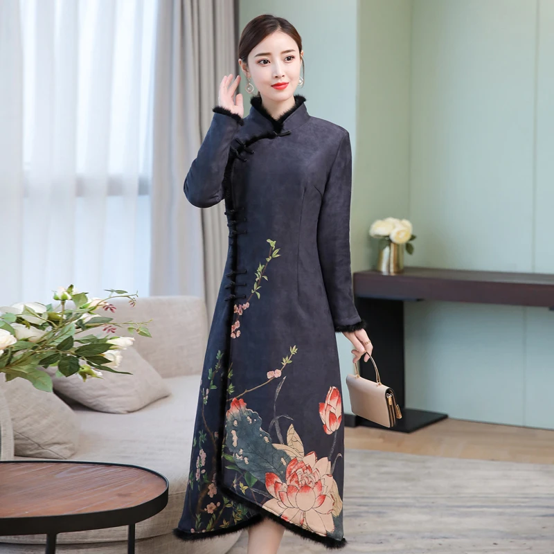 

Autumn Winter Dress Women 2019 Vintage Floral Print Long Sleeve Casual Ladies Elegant Warm Cotton Padded Dresses Party Dresses
