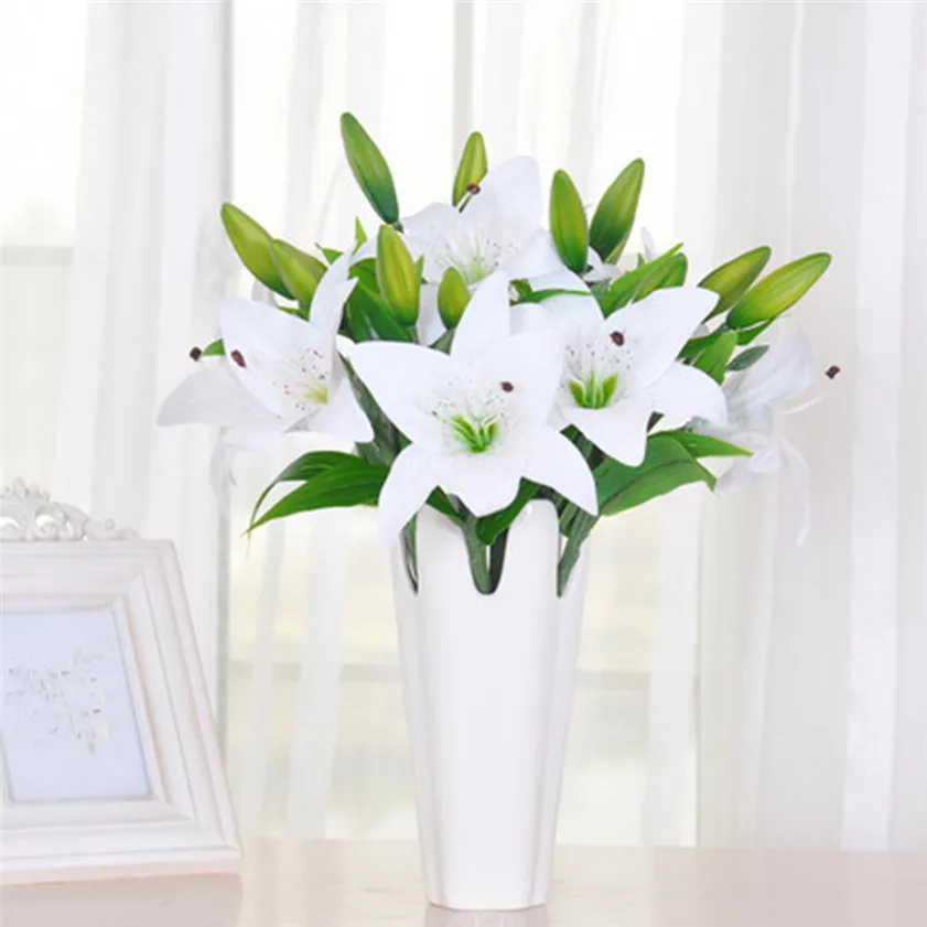 Zero 5pcs New Silk Flower Artificial Lilies Bouquet 3 Heads Home