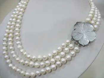 

3rows freshwater pearl white 7-8mm near round 17-19inch wholesale nature beads FPPJ & blue clasp