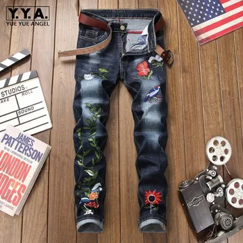 

Fashion Elastic Slim Fit Skinny Straight Mens Jeans Pants New Design Chinese Style Chic Embroidery Males Full Length Trousers
