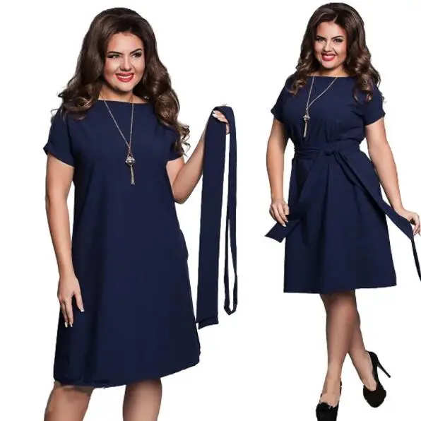 

2018 summer elegant solid dress with cloth sashes Women large size dress Plus size dresses for women 4xl 5xl 6xl AF272