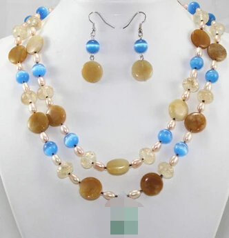 

free shipping>>> shitou 00568 Fashion Beautiful Mixed Colors Pearl Agate Jade Earrings Necklace Jewelry Set
