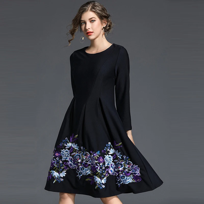 Women Vintage European Style Dresses Floral Embroidery Party Dress
