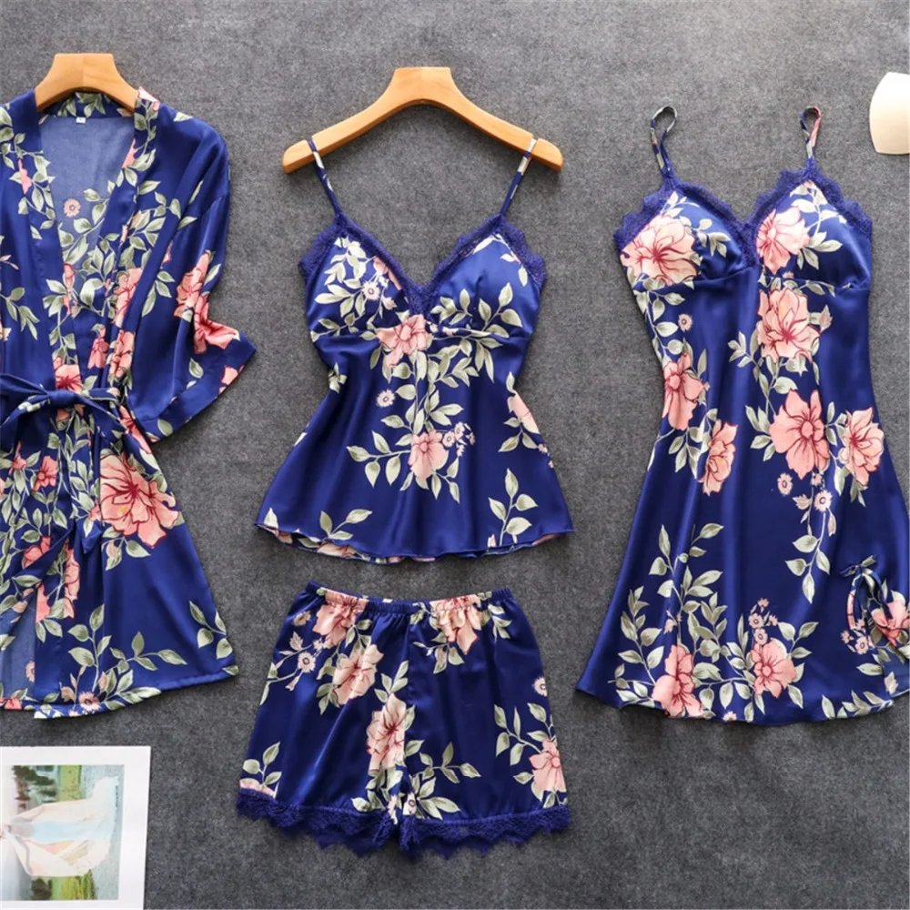 Women's Beautiful Floral Print Silk Pajamas Blue Display