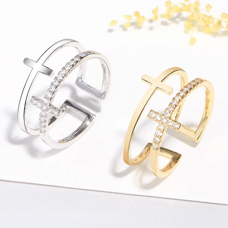 

2019 korean style 925 sterling sliver double cross finger rings gold wide big jesus christianity zircon custom engagement rings