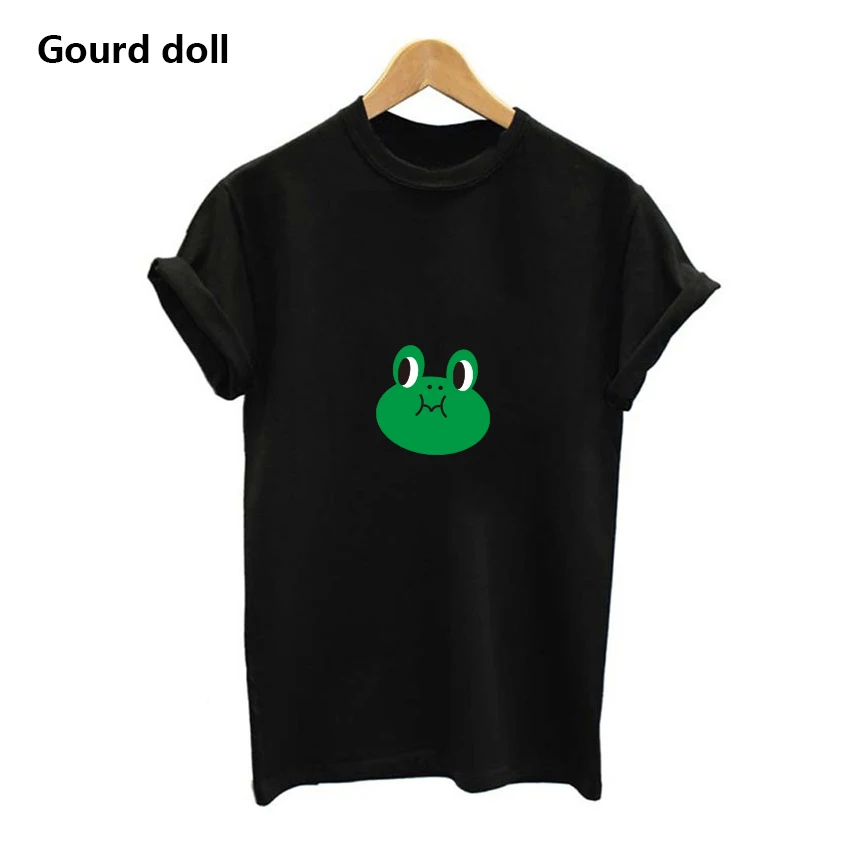 

Gourd doll 2018 Frog printing T-shirts for women Fashion O-Neck female short T-shirt Casual black/white plus Size S-2XL