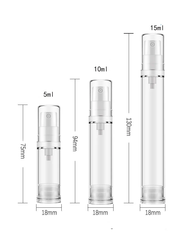 1x5 мл 10 мл 15 мл Прозрачный безвоздушный вакуумный насос бутылки Пластик дорожная бутылка 1/3oz 1/2OZ безвоздушного насоса с дозатором для контейнера