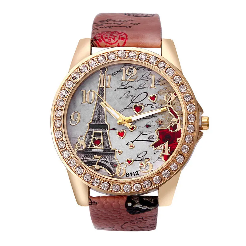Креативное моделирование Парижская башня Роза для женщин часы Досуг Роскошные Алмаз кожаный ремешок кварцевые наручные часы Relogio Feminino часы - Цвет: Brown
