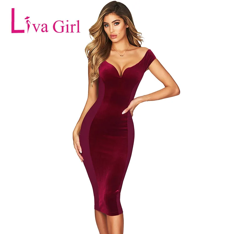 Liva Girl Sexy Off Shoulder Bodycon Midi Party Dresses Elegant Women V 