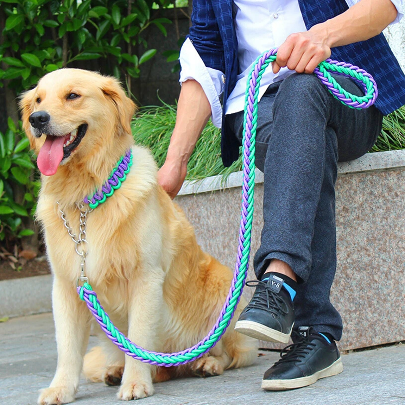 

Double Strand Rope Large Dog Leashes Metal P Chain Buckle Contrast Colorful Pet Traction Rope Collar Set Firm 1.2m Length