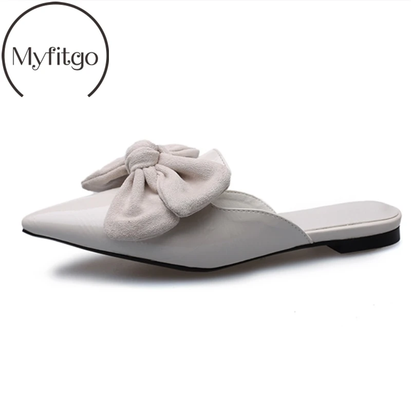 

Myfitgo Brand Design Butterfly-knot Mules Slippers Woman Mules Shoes PU Leather Summer Bowknot Slides Female Women Slippers New