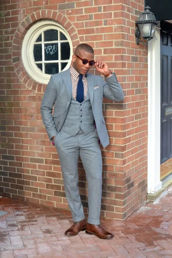 grey suit with boots